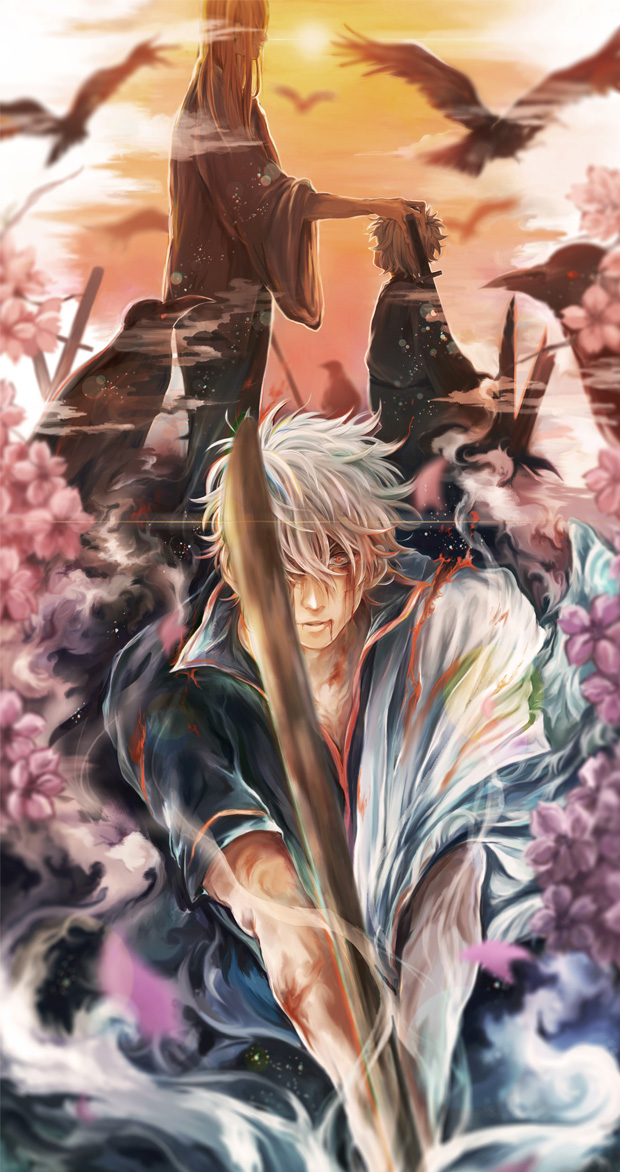 3boys, bird, blood, blood_from_mouth, blurry, child, crow, dual_persona