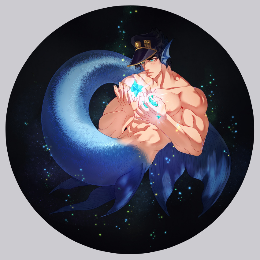1boy, abs, aqua_eyes, birthmark, black_hair, collarbone, full_body, glowing, hat, head_fins, highres, joestar_birthmark, jojo_no_kimyou_na_bouken, kuujou_joutarou, less_end, male_focus, merman, monster_boy, muscle, nipples, solo, star