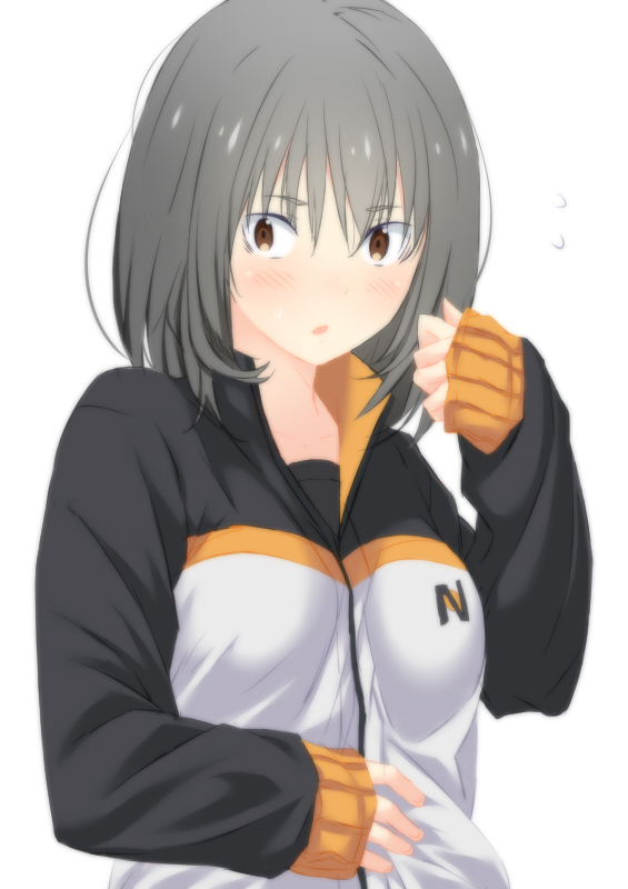 1girl, akage, arm_up, bangs, blush, brown_eyes, eyebrows, eyebrows_visible_through_hair