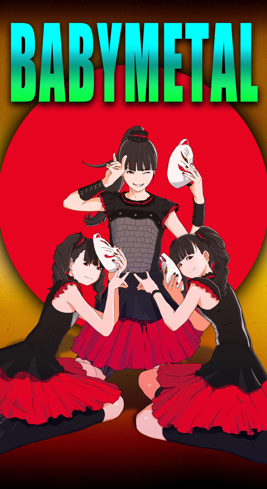 3girls, absurdres, babymetal, bangs, black_hair, black_legwear, blunt_bangs, drill_hair