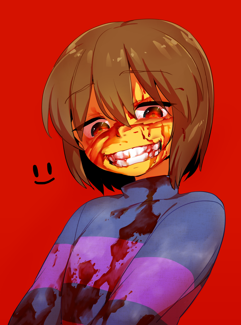 androgynous, blood, brown_hair, evil_grin, evil_smile, frisk_(undertale), grin, red_eyes