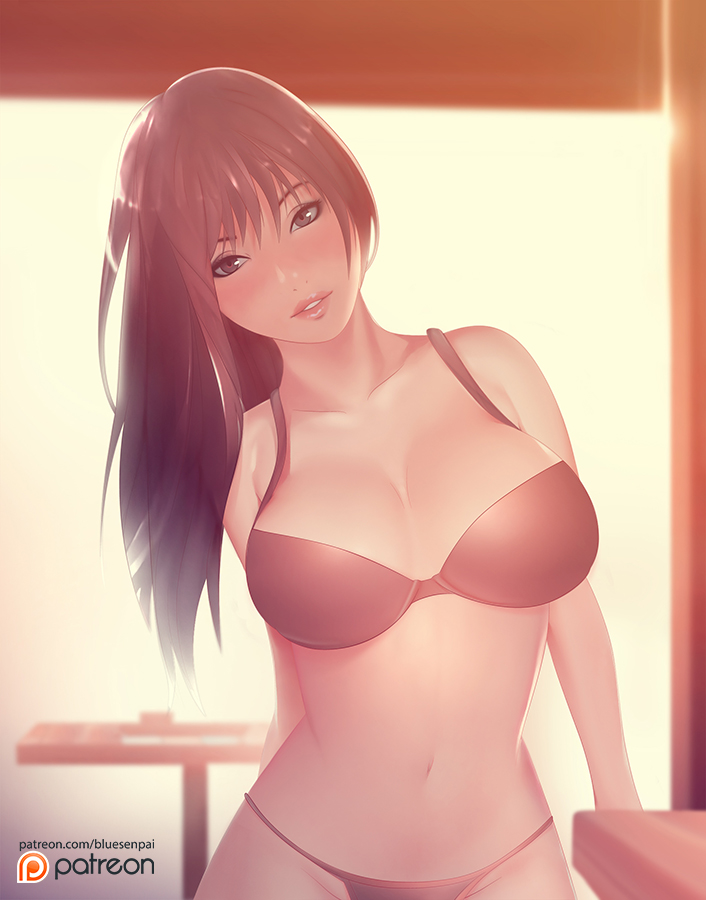 1girl, bare_arms, bare_shoulders, belly, black_underwear, blue-senpai, blush, bra, breasts, brown_eyes, brown_hair, eyeshadow, fanart, female, final_fantasy, final_fantasy_vii, hair_between_eyes, large_breasts, light_smile, lips, long_hair, looking_at_viewer, makeup, patreon, pov, shiny, shiny_skin, solo, standing, tifa_lockhart, underwear