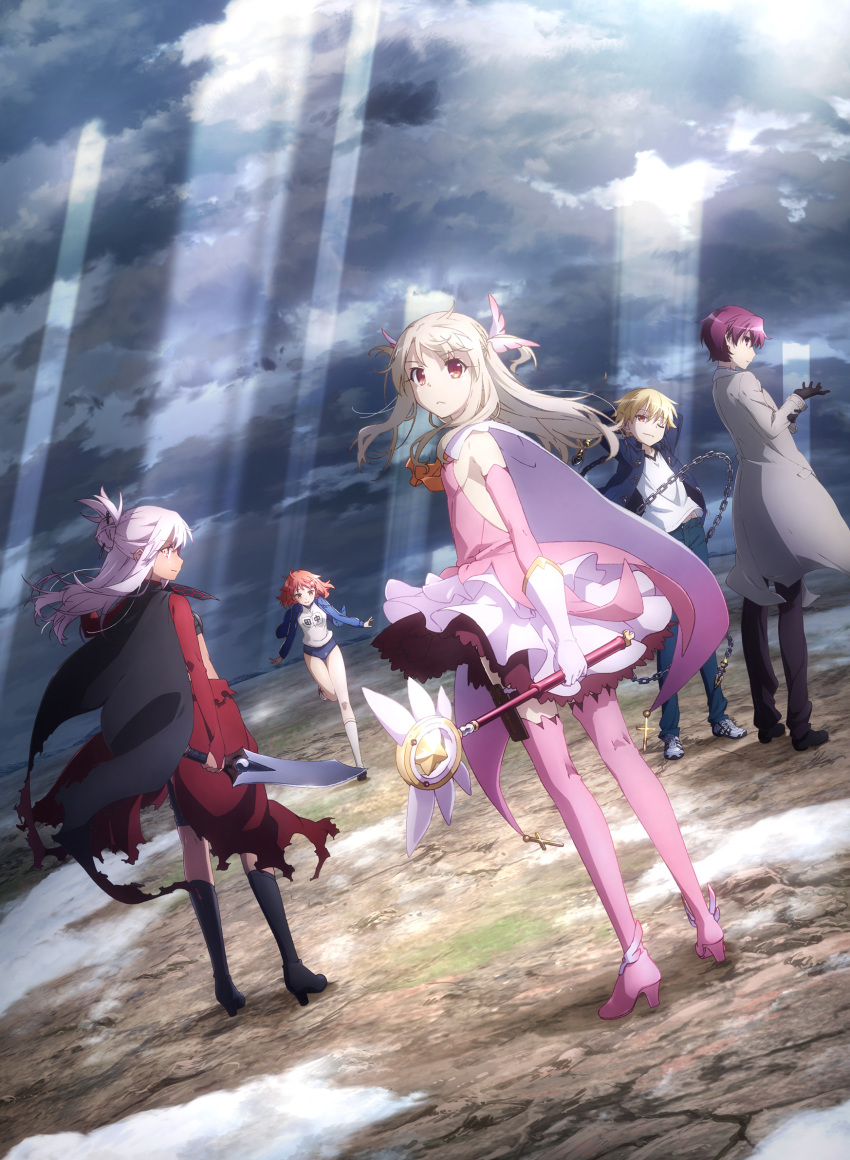 1boy, 4girls, archer, archer_(cosplay), bazett_fraga_mcremitz, black_gloves, blonde_hair, brown_eyes