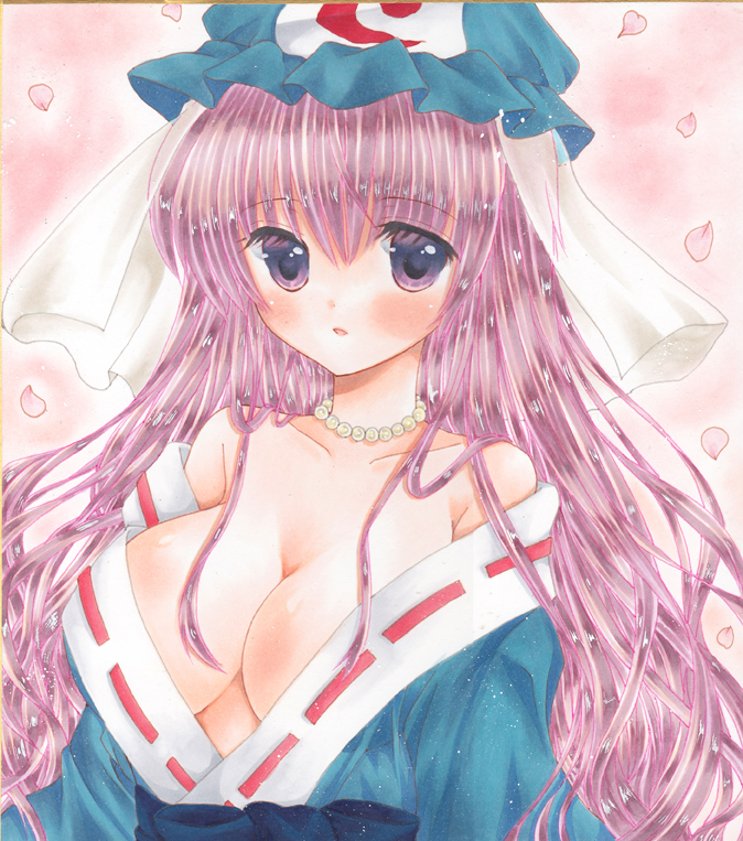1girl, :o, alternate_hair_length, alternate_hairstyle, asa1014, bangs, breasts, cherry_blossoms