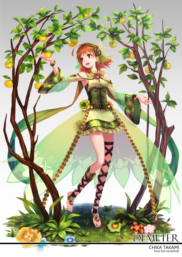 1girl, :d, ankle_lace-up, armpits, artist_name, bangs, barefoot, barefoot_sandals, blue_flower, breasts, brooch, character_name, copyright_name, corset, cosplay, cross-laced_footwear, curry_bowl, demeter_(mythology), demeter_(mythology)_(cosplay), detached_sleeves, dress, flower, flower_request, food, fruit, full_body, gem, goddess, gradient, gradient_background, grass, greek_mythology, green_dress, green_flower, grey_background, hair_ornament, hairband, hand_up, jewelry, looking_away, looking_to_the_side, love_live!, love_live!_school_idol_project, love_live!_sunshine!!, mismatched_legwear, mythology, nature, open_mouth, orange, orange_hair, outstretched_arm, pink_flower, red_eyes, red_flower, scarf, short_dress, small_breasts, smile, solo, standing, standing_on_one_leg, takami_chika, tree, waist_cape, wide_sleeves, yellow_flower, yellow_scarf