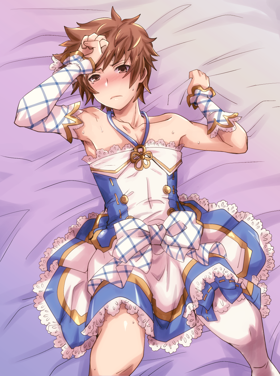 1boy, akari_seisuke, bare_shoulders, bed_sheet, blush, brown_eyes, brown_hair, cosplay