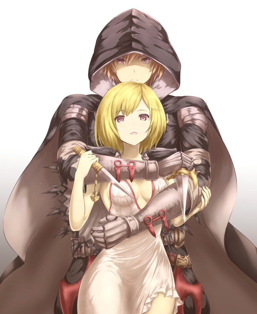 1boy, 1girl, alternate_costume, armor, blonde_hair, breasts, brown_eyes, brown_hair