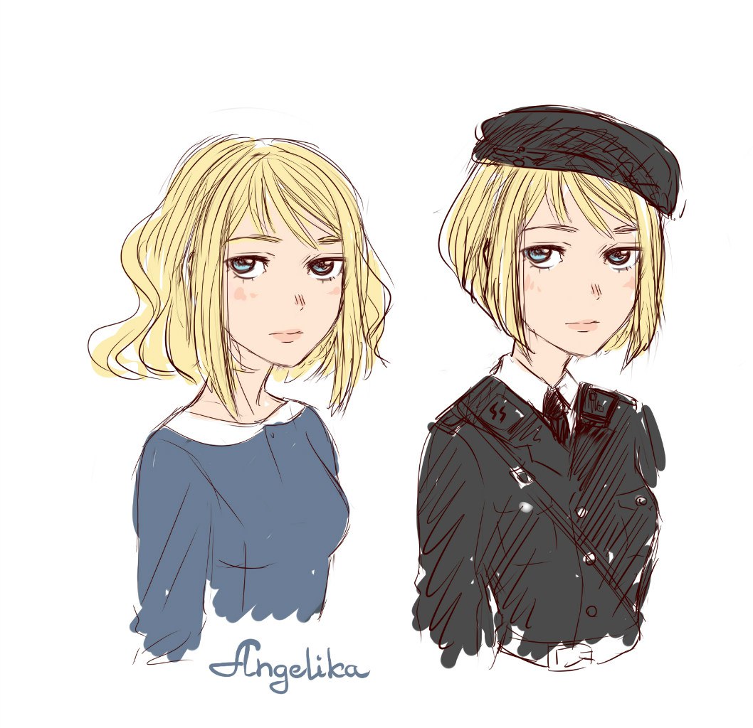 1girl, angelika_buecher, blonde_hair, blue_eyes, character_sheet, female, flat_color, nazi