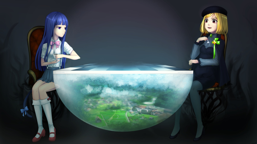 07th_expansion, animal_tail, blonde_hair, blue_hair, crossover, frederica_bernkastel, furude_rika, higurashi_no_naku_koro_ni