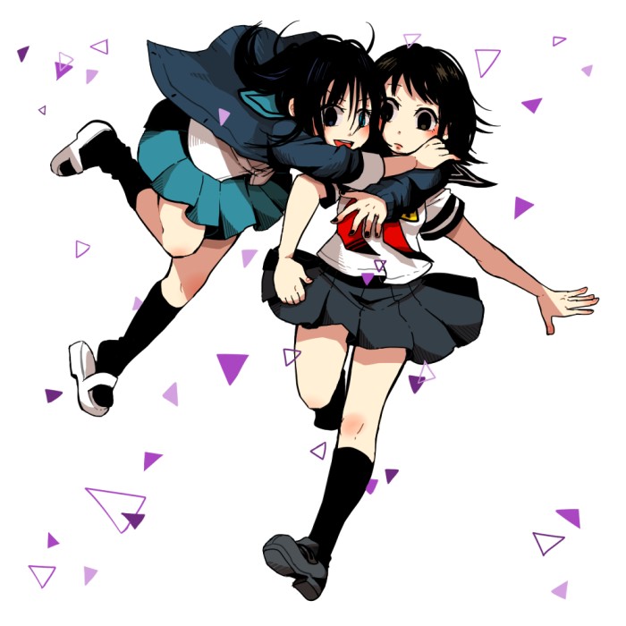 2girls, black_eyes, black_hair, black_legwear, black_nails, blue_eyes, blue_skirt, breast_grab