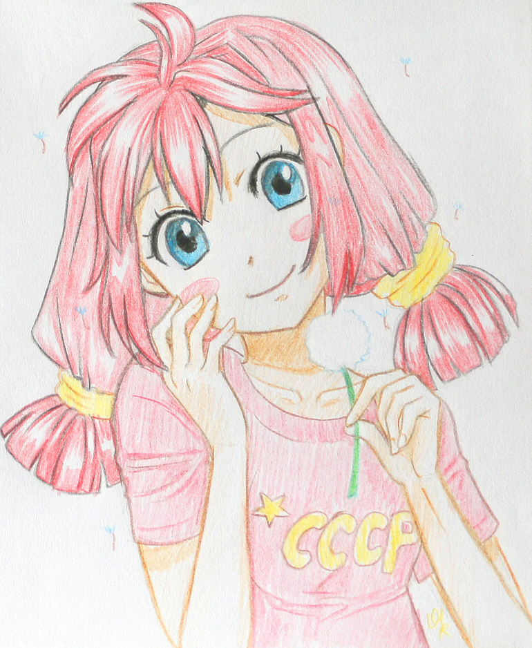 1girl, blue_eyes, blush, cccp, clothes, orikanekoi, pink_clothes, pink_shirt, pink_t-shirt, redhead, shirt, solo, star, t-shirt, text, tied_hair, ulyana_(everlasting_summer), ussr-tan