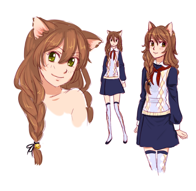 1girl, animal_ears, braid, brown_hair, cat_ears, character_sheet, female, green_eyes