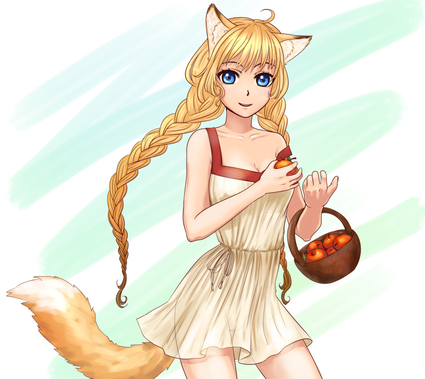 animal_ears, animal_tail, apple, blonde_hair, blue_eyes, braid, fox_ears, fox_tail, orikanekoi, slavya-tan, tagme, travnica, twin_braids
