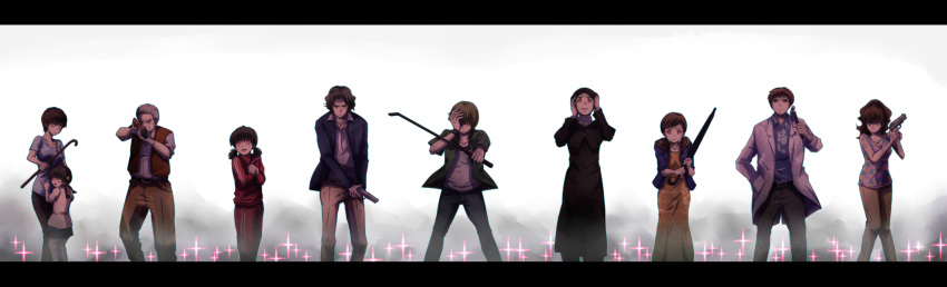 5boys, 5girls, absurdres, aiming_at_viewer, brown_hair, crowbar, everyone, fire_poker