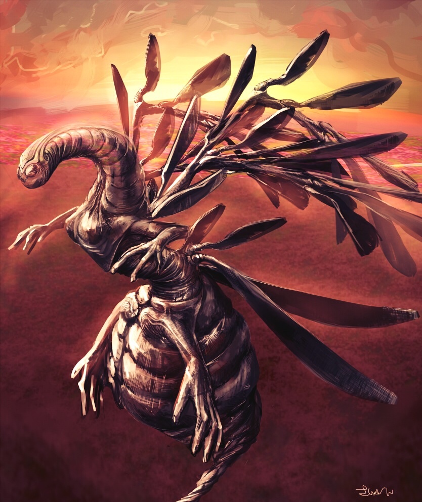 artist_name, backlighting, clouds, datatsushi, flying, itotani_sairen, monster, multiple_arms, no_humans, outdoors, red_sky, signature, siren, sky, sunlight, sunset, wings