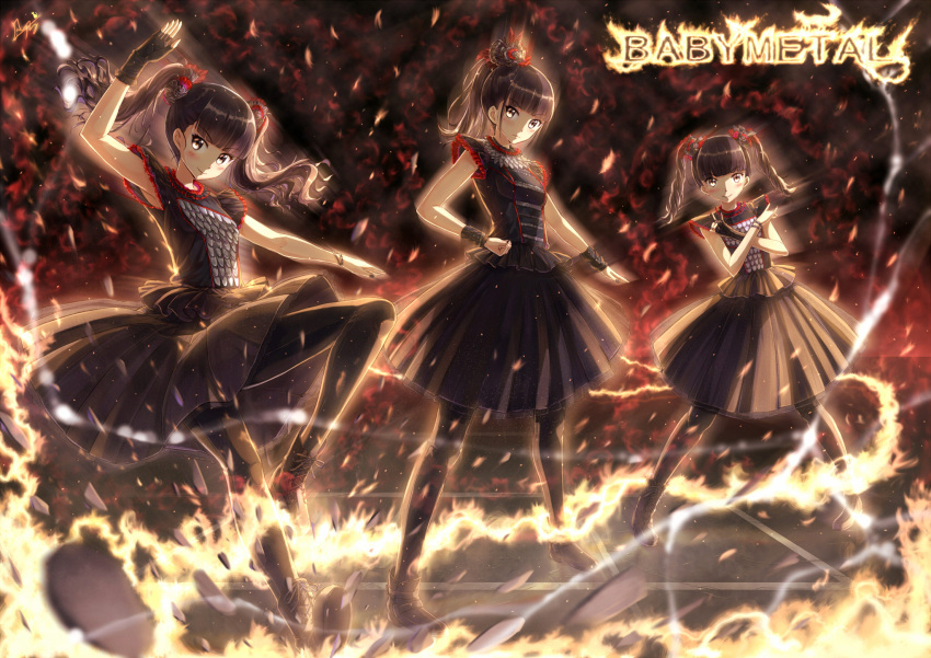 3girls, ankle_lace-up, babymetal, bangs, black_dress, black_gloves, black_hair, black_legwear