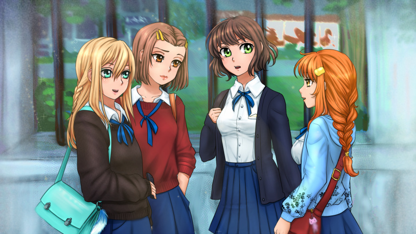 4girls, aqua_eyes, braid, brown_eyes, brown_hair, deskova_vera, game_cg, green_eyes