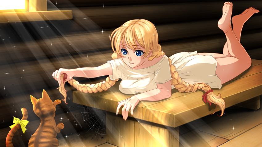 blonde_hair, blue_eyes, braid, cat, game_cg, huyase, orikanekoi, slavya-tan