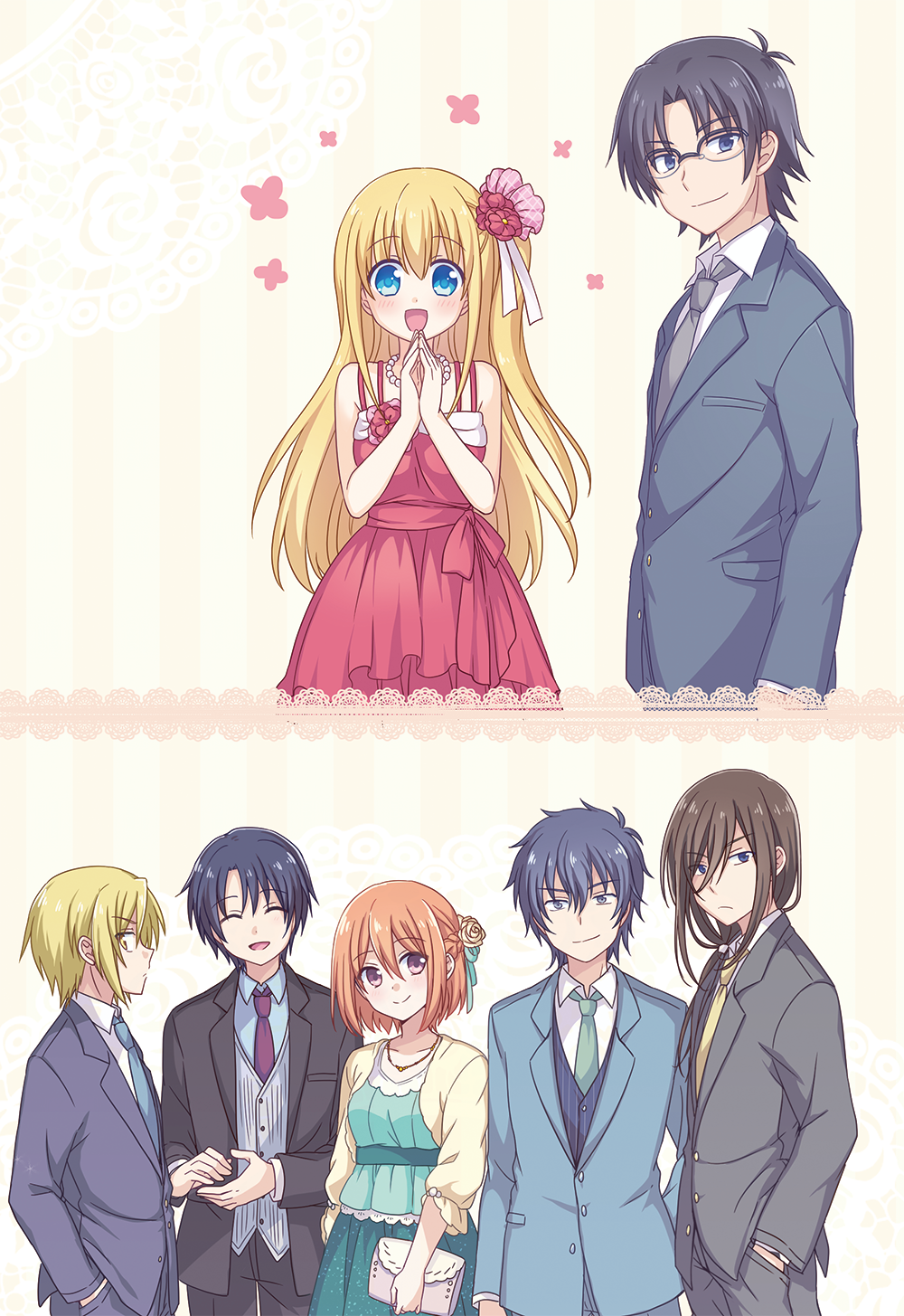 2girls, 5boys, black_hair, blonde_hair, blue_eyes, brown_hair, charlotte_(anime), closed_eyes