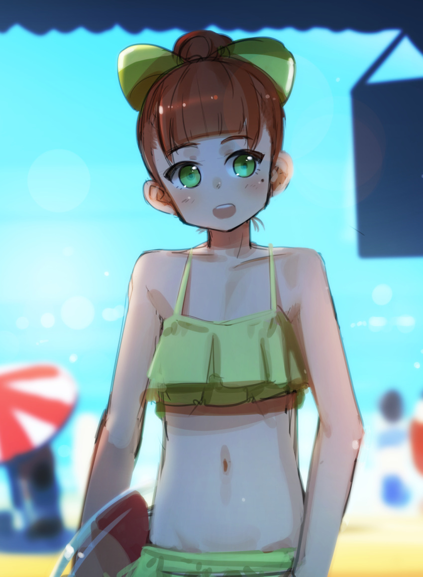 1girl, :d, anne_(wixoss), bare_shoulders, beach, beach_umbrella, bikini, blue_sky