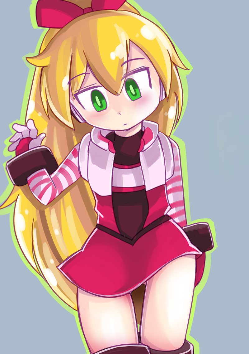 1girl, blonde_hair, blush, call_(mighty_no._9), call_f, child, dress, green_eyes