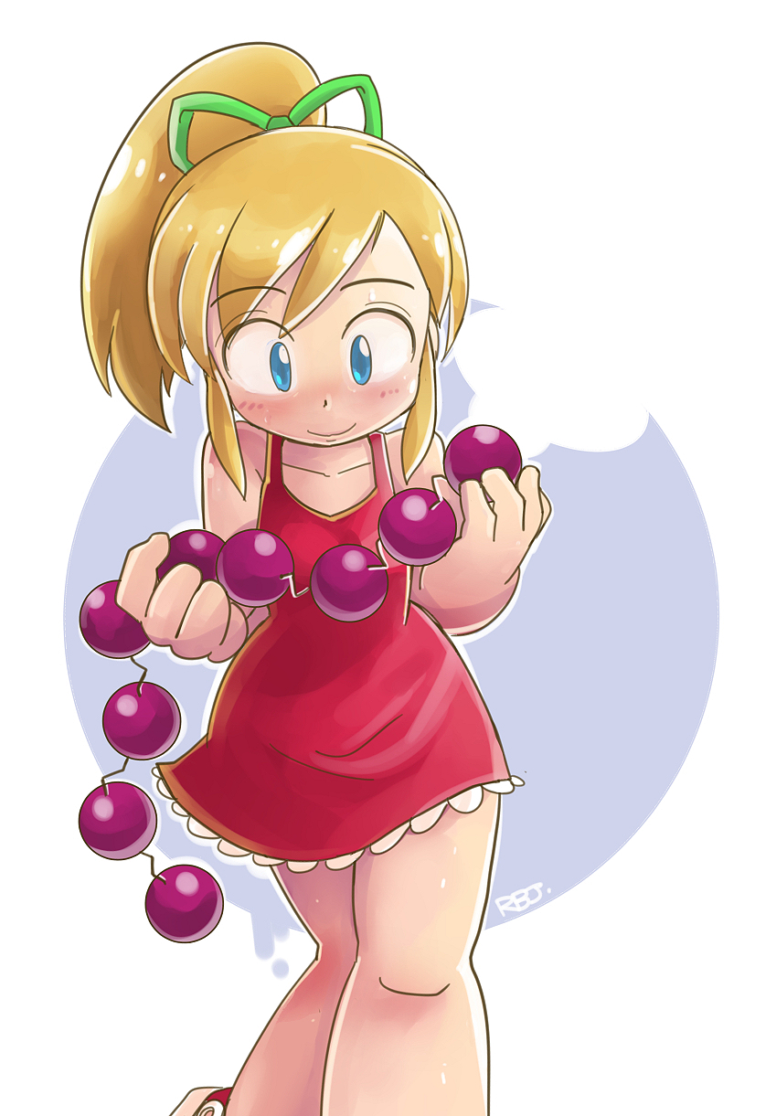 1girl, anal_beads, blonde_hair, blush, capcom, child, dress, hair_ribbon