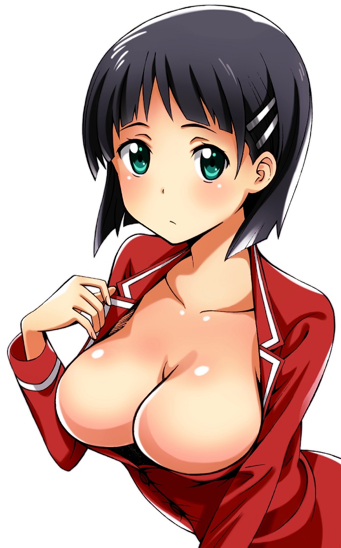 1girl, black_hair, blue_eyes, bob_cut, breasts, cleavage, hair_ornament, hairclip, jacket, kirigaya_suguha, koube, large_breasts, looking_at_viewer, short_hair, solo, sword_art_online, white_background