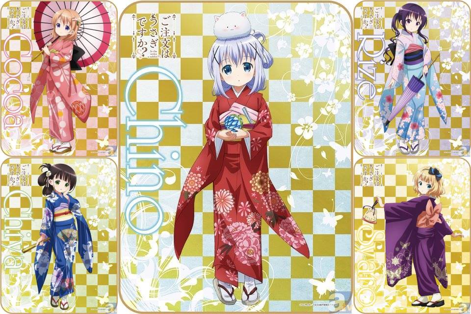 5girls, checkerboard, flower, gochuumon_wa_usagi_desu_ka?, hair_flower, hair_ornament, hoto_cocoa, kafuu_chino