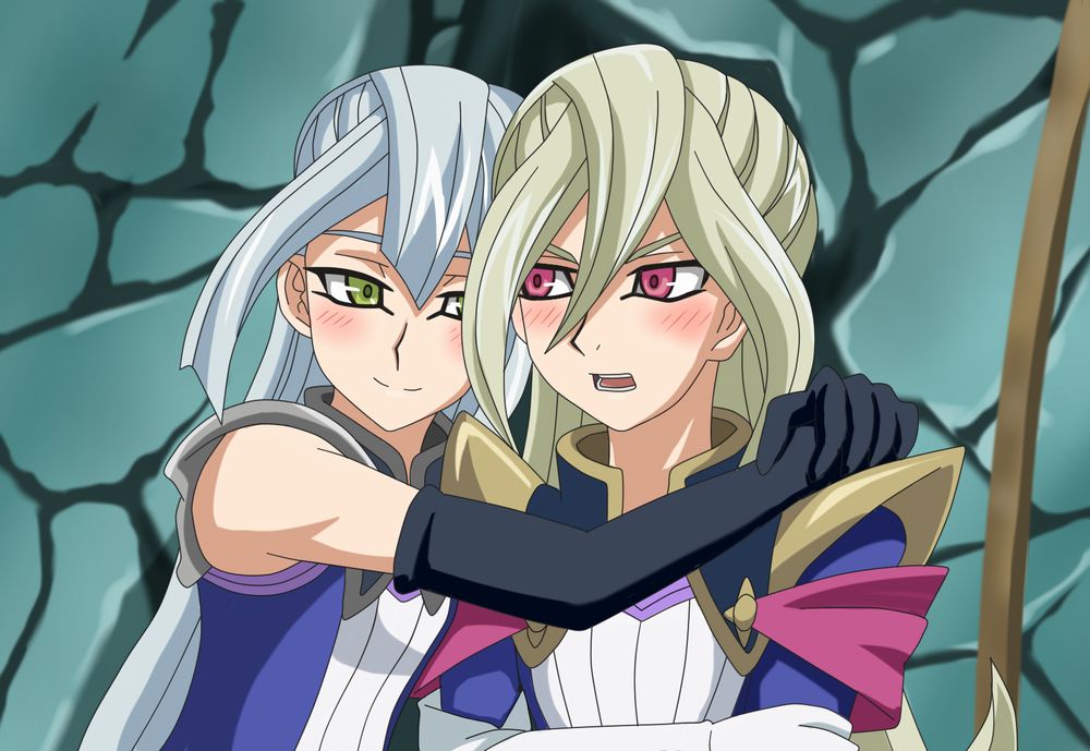 2girls, blonde_hair, blush, elbow_gloves, gloria_tyler, gloves, grace_tyler, green_eyes