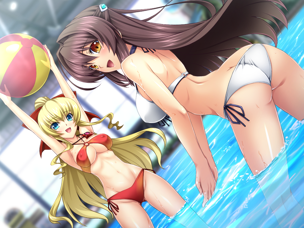 2girls, arms_up, ass, bare_shoulders, bikini, blonde_hair, blue_eyes, bow