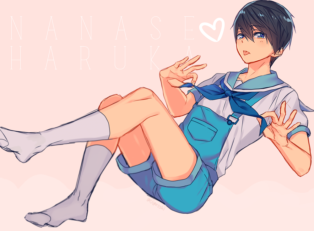 1boy, black_hair, blue_eyes, character_name, gesshi, high_speed!, looking_at_viewer, male_focus, nanase_haruka_(free!), ribbon, sailor_uniform, short_hair, shorts, simple_background, socks, solo, suspenders, tongue, tongue_out, white_legwear