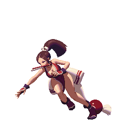 animated, animated_gif, bare_legs, breasts, brown_hair, cartwheel, cleavage, high_ponytail, japanese_clothes, king_of_fighters, king_of_fighters_xiii, large_breasts, long_hair, ninja, no_bra, pelvic_curtain, pixel_art, ponytail, revealing_clothes, shiranui_mai, tabi