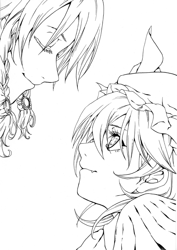 braid, fang, hat, himegami_shino, izayoi_sakuya, monochrome, remilia_scarlet, shino_himegami