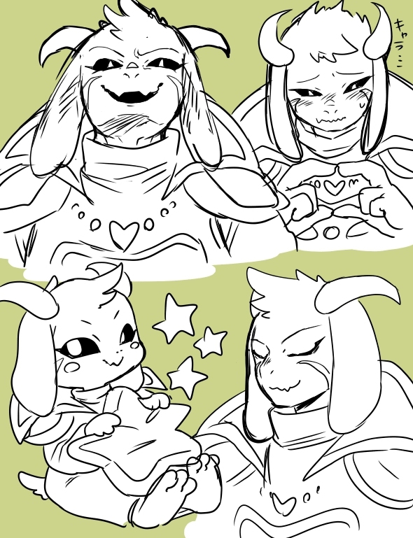 1boy, adult, asriel_dreemurr, asriel_dreemurr_(god_of_hyperdeath), black_sclera, blush, caprine, chibi, cute, floppy_ears, furry, goat, goat_boy, goat_ears, goat_horns, green_background, heart_hands, horns, ikuta_semi, japanese_text, male, male_focus, monochrome, monster, monster_boy, multiple_views, simple_background, sitting, star, star_pillow, text, undertale, upper_body, white_fur