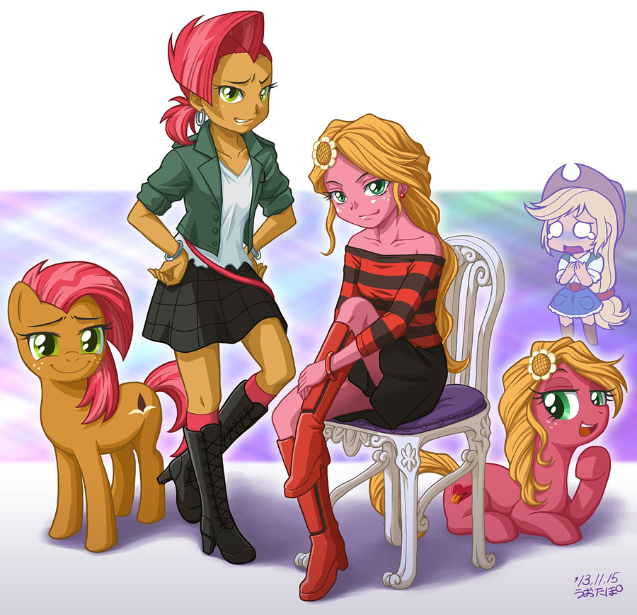 3girls, applejack, babs_seed, dual_persona, multiple_girls, my_little_pony, my_little_pony_equestria_girls, my_little_pony_friendship_is_magic, personification, sunflower_(mlp), tagme, uotapo