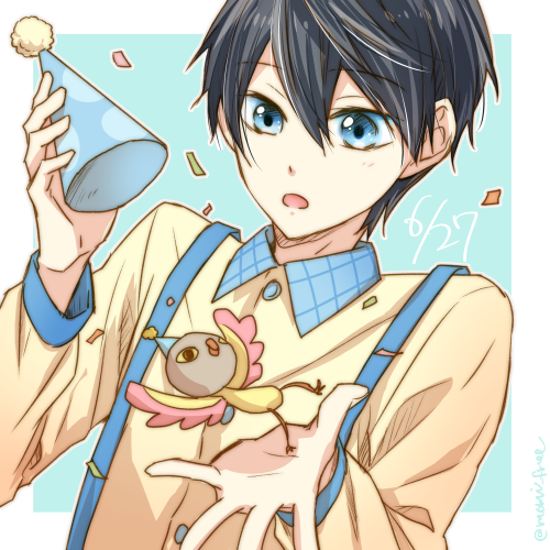 1boy, aoi_tomomi, black_hair, blue_eyes, hat, high_speed!, male_focus, nanase_haruka_(free!), suspenders