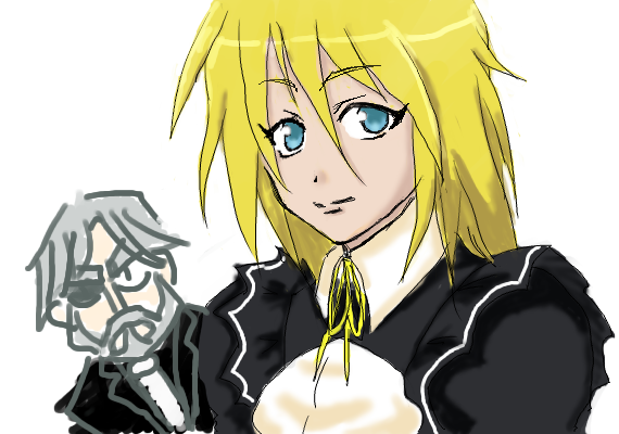 1boy, 1girl, artist_request, beard, blonde_hair, blue_eyes, butler, closed_mouth, maid, maid_apron, necktie, overlord_(maruyama), sebas_tian, simple_background, tsuareninya_beiron, white_hair