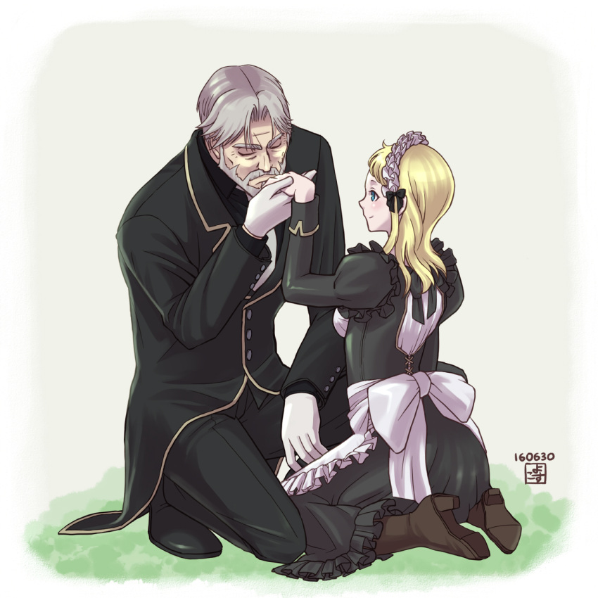 1boy, 1girl, beard, blonde_hair, blue_eyes, butler, closed_eyes, frills