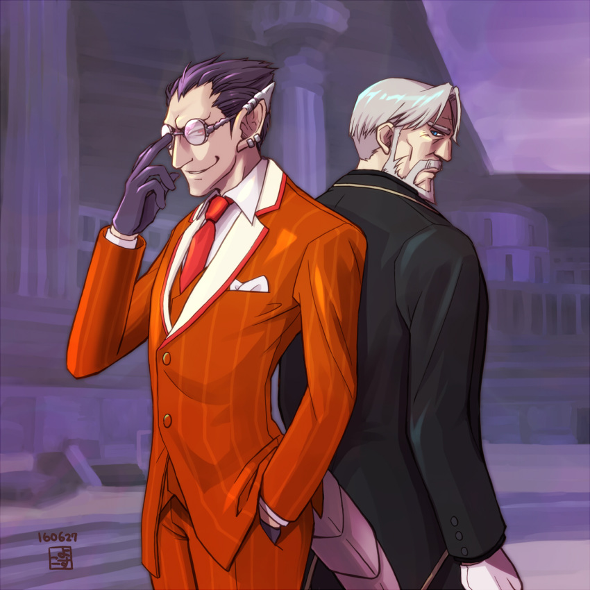 2boys, back-to-back, beard, black_hair, blue_eyes, butler, demiurge, ear_piercing