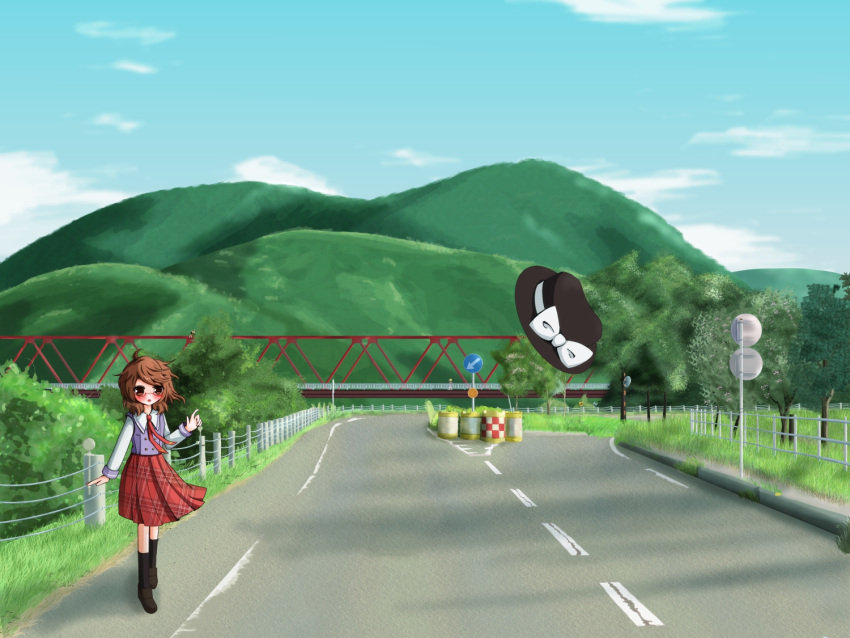 4girls, arm_up, black_legwear, blue_sky, blush, bow, bridge, brown_eyes