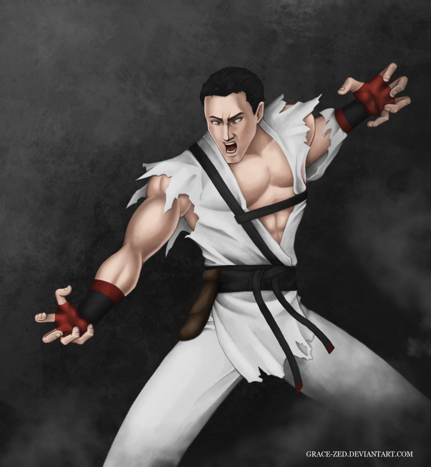 1boy, alternate_costume, angry, artist_name, battle_stance, belt, belt_pouch, black_hair, blind, cowboy_shot, deviantart, dougi, eyebrows, fingerless_gloves, gloves, grace-zed, grey_background, kenshi, male_focus, mortal_kombat, muscle, open_mouth, screaming, short_hair, smoke, solo, strap, torn_clothes, white_eyes