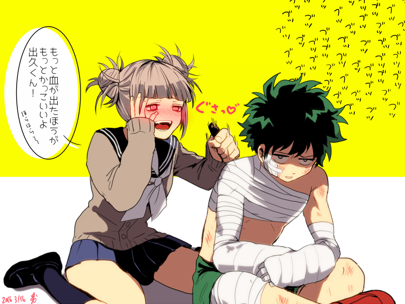 1boy, 1girl, bandage, bangs, blonde_hair, blunt_bangs, boku_no_hero_academia, cardigan