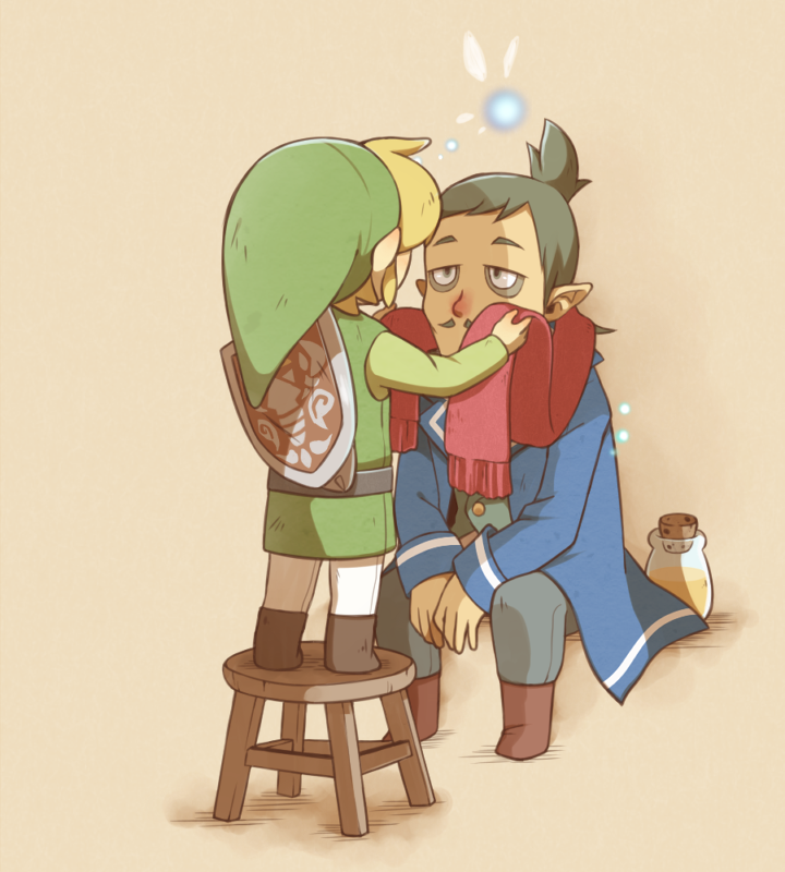 2boys, blonde_hair, bottle, facial_hair, fairy, hat, linebeck, link