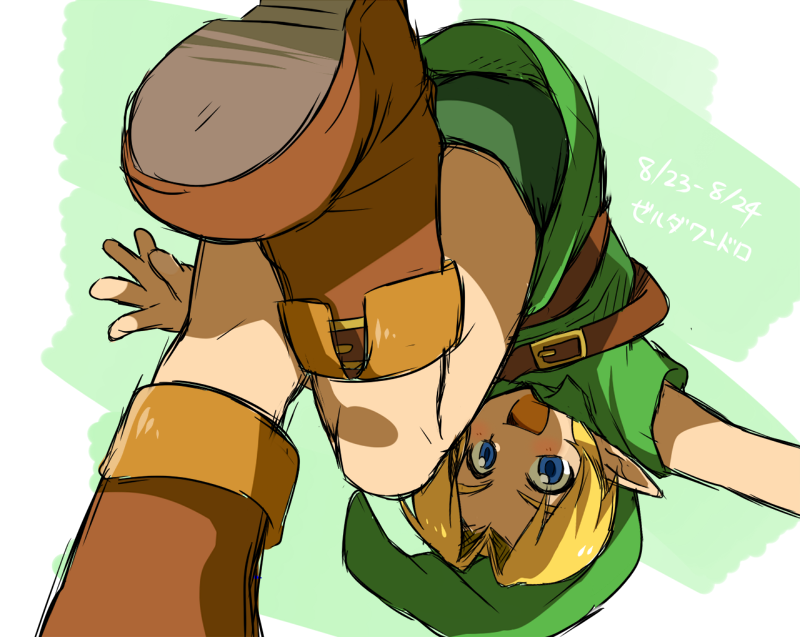1boy, bangs, belt, blonde_hair, boots, child, from_below, hat, link, male_focus, nintendo, open_mouth, parted_bangs, pointy_ears, solo, the_legend_of_zelda, wafu_(wahoo), young_link