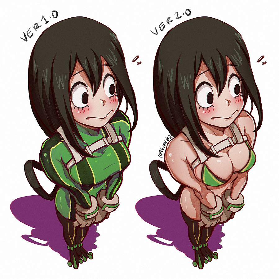 1girl, artist_name, asui_tsuyu, belt, bikini, bikini_top, black_boots, black_eyes