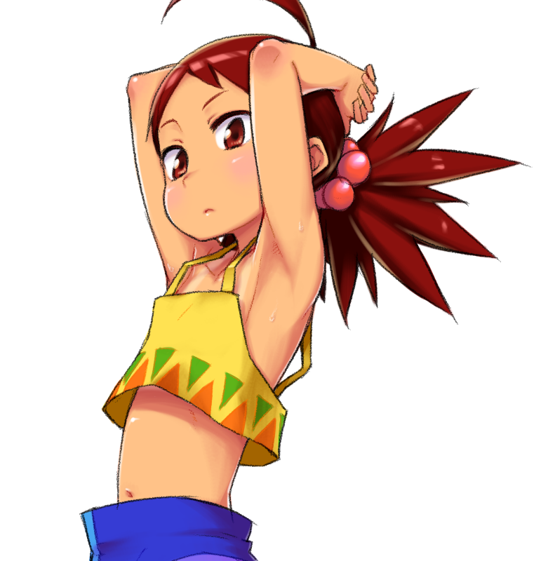 1girl, armpits, arms_behind_head, blush, hair_ornament, looking_at_viewer, magic_pengel, shiny