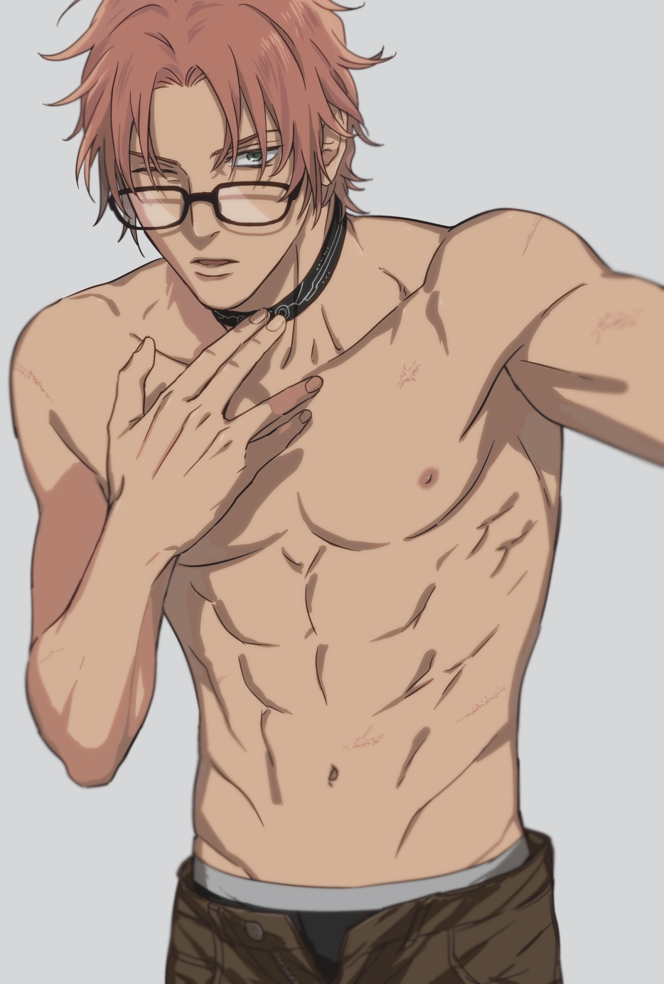 1boy, abs, character_request, collar, kinokooooo, looking_at_viewer, male_focus, muscle