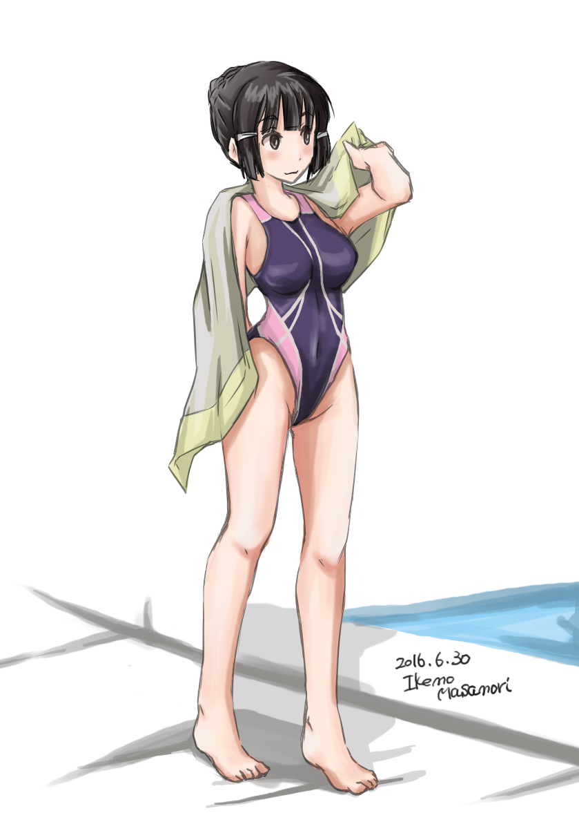 1girl, black_eyes, black_hair, competition_swimsuit, kantai_collection, masamori_ikemo, myoukou_(kantai_collection), one-piece_swimsuit