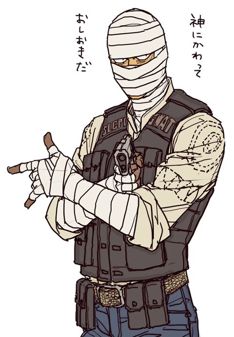 1boy, bandage, belt, bishoujo_senshi_sailor_moon, fallout, fallout_new_vegas, flat_color, gun