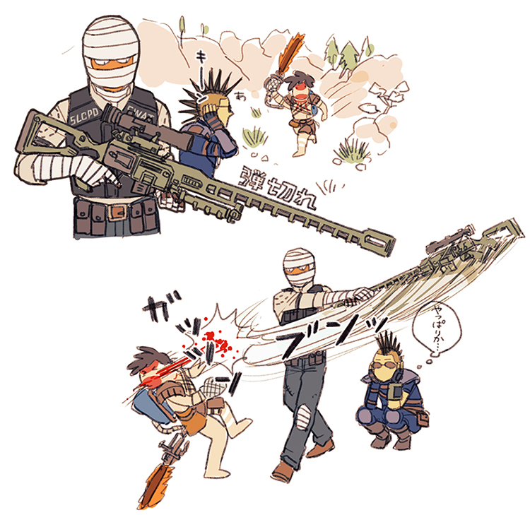 3boys, bandage, barefoot, belt, blood, boots, courier_(fallout_new_vegas), facial_mark